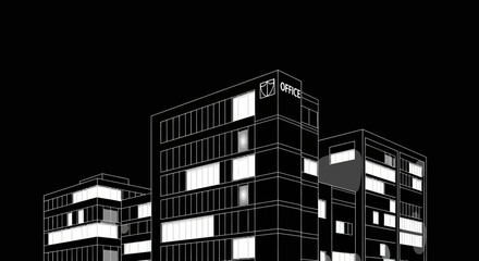 Fototapeta premium Modern office buildings in futuristic silhouette style against black background