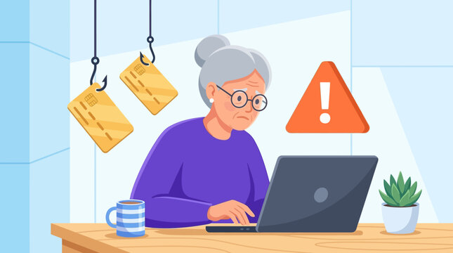 Elderly Woman Faces Online Phishing Scam: Credit Card Fraud and Cyber Security Risk for Senior Citizens