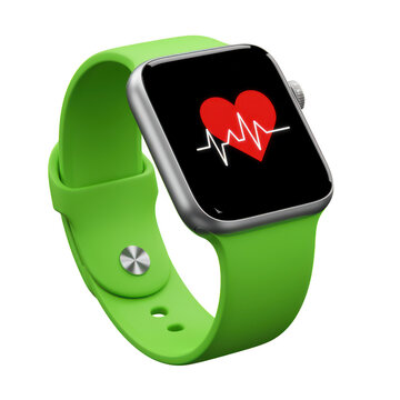 Stylish green apple smartwatch with vibrant red and white digital display face isolated on white background