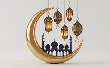 Elegant lanterns hanging above a crescent moon with mosque silhouette in background.