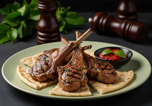 Grilled lamb chops on pita bread with sauce