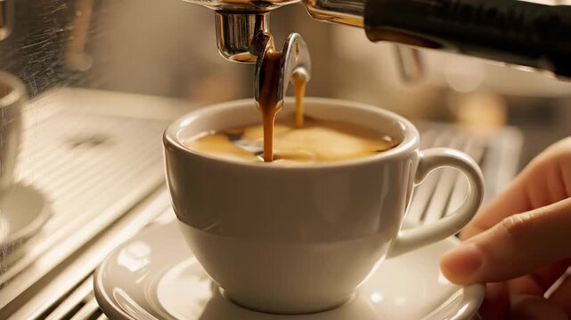 Fresh Espresso Extraction Into Ceramic Cup Representing Morning Routine Energy Boost and Professional Barista Service for Cafe and Beverage Marketing