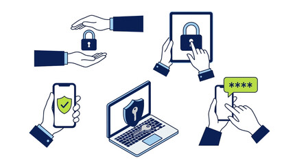 Digital Security & Data Protection Icon Set: Cybersecurity, Privacy, and Secure Access for Devices
