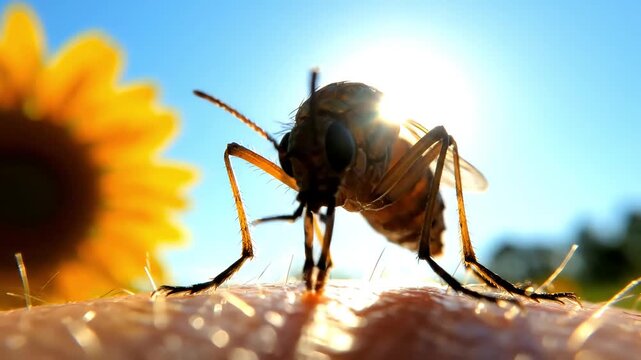 Mosquito insect bites human skin under bright sunlight near a yellow flower.