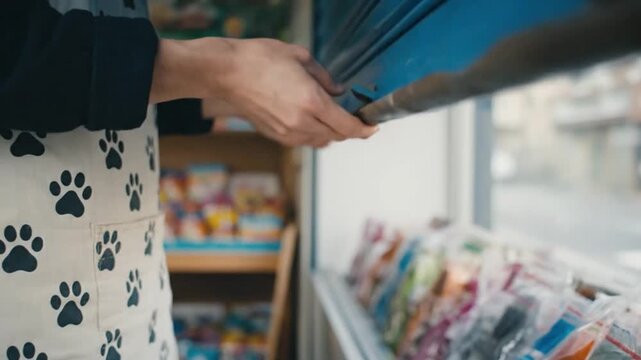 Small Business Owner Opening Blue Metal Rolling Shutter Door of Local Pet Shop Store at Dawn to Start Daily Retail Operations