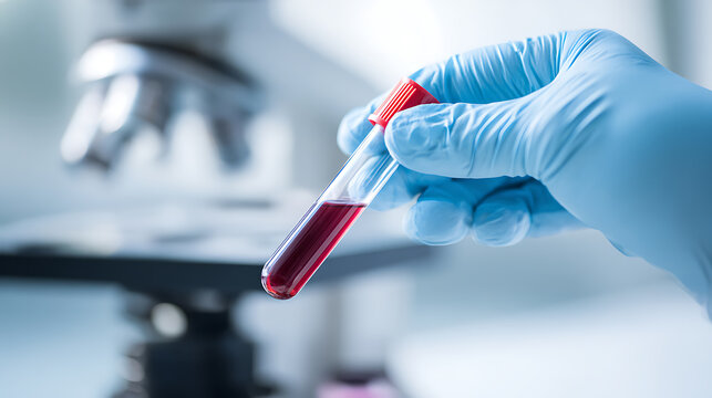 Medical professional in blue glove holds blood sample tube, ready for lab analysis, with a blurred microscope in the background, signifying scientific research