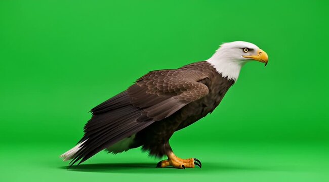 A majestic eagle with wings spread wide, captured in a dynamic landing pose against a solid green screen for easy background compositing
