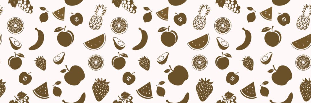 Seamless fruit pattern with apple, banana, pineapple, watermelon, strawberry, avocado, citrus and grapes in brown on light background, vector illustration