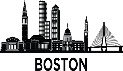 Naklejka premium Boston Skyline Vector Silhouette Featuring City Landmarks Architecture Skyscrapers and Zakim Bridge for Massachusetts Travel Tourism and Urban Design Projects