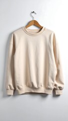 Plain, cream-colored sweatshirt hanging on a wooden hanger against a clean white wall