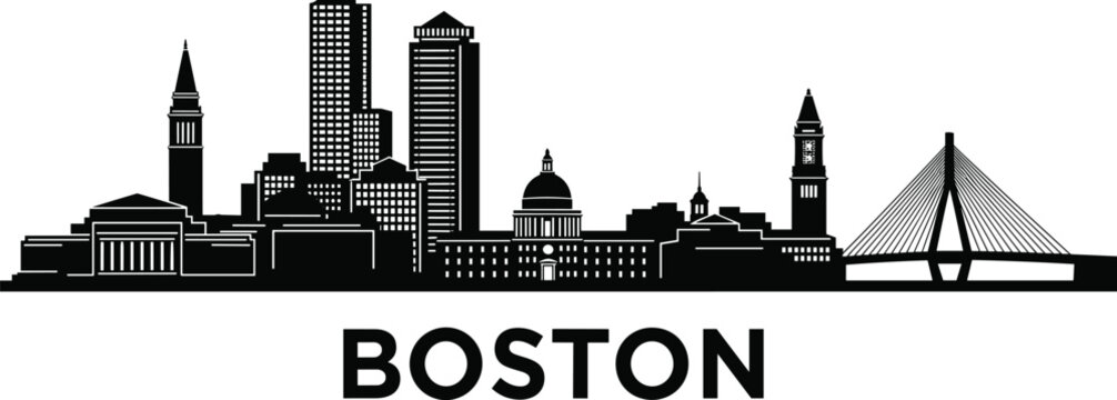 Boston Skyline Vector Silhouette Featuring City Landmarks Skyscrapers and Zakim Bridge for Massachusetts Travel Tourism Urban Architecture and Cityscape Designs