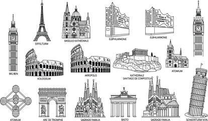 Fototapeta premium Famous European Landmarks Vector Icon Set Featuring Big Ben Eiffel Tower Colosseum Sagrada Familia and Historic Monuments for Travel Design Projects