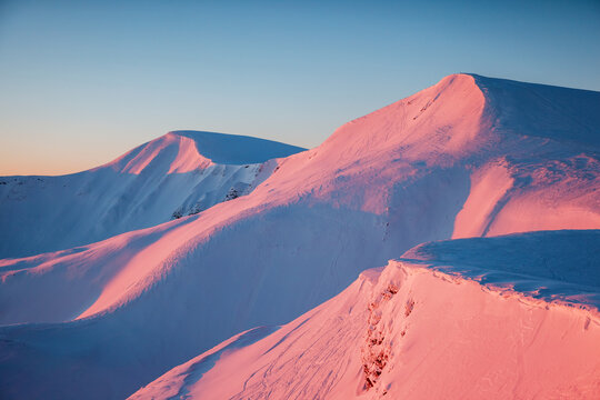 Snow-capped mountain peaks, softly glowing in pink and orange shade at dusk, create an atmospheric place. Dragobrat ski resort in Carpathian mountains.