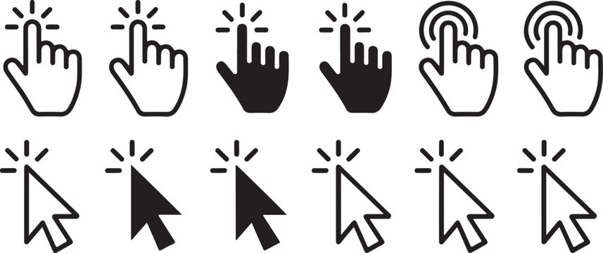 Hand cursor icons set, click pointer mouse icon, web cursor, hand pointer, selection tool, user interface element
