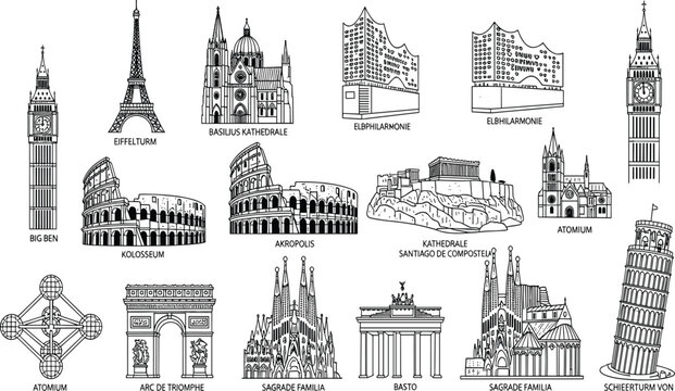 Famous European Landmarks Vector Icon Set Featuring Big Ben Eiffel Tower Colosseum Sagrada Familia and Historic Monuments for Travel Design Projects