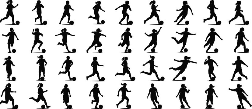 Female soccer player silhouettes set with women playing football athletes kicking ball running and jumping isolated on white background vector collection