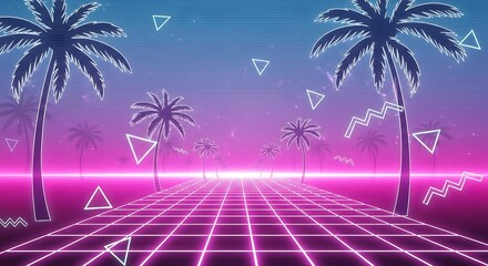 Neon palm trees and grid background for digital art and design