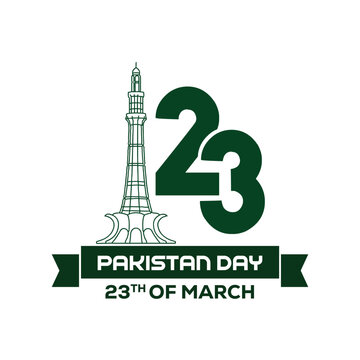 Modern Pakistan Day vector featuring Minar-e-Pakistan and bold 23 typography in green. Perfect for 23rd March Resolution Day posters, banners, social media, and patriotic designs.