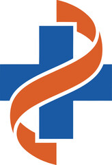 Abstract medical healthcare logo set with blue cross and orange wave, professional clinic and pharmacy branding identity vector symbols.