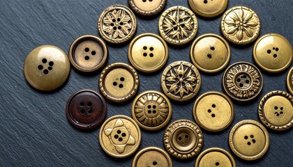 Vintage metallic buttons arranged in grid