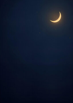 Glowing crescent moon and stars in dark night sky background
