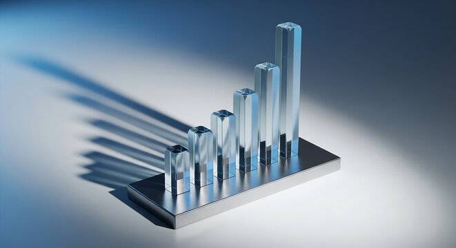 Ascending Glass Bar Chart on Chrome Base with Strong Side Lighting and Shadows