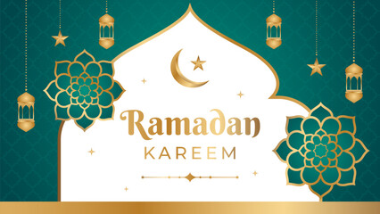 Ramadan Kareem background with Islamic ornaments, gold frame and lanterns. Vector illustrations. Suitable for greeting cards, business templates, sale banners, events, web and pages © Ruwaifi