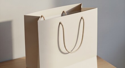 Neutral toned shopping bag with handles and copy space against a wall