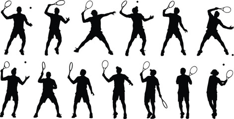 Fototapeta premium Male tennis player silhouettes set with men playing match athletes hitting ball serving and swinging racket isolated on white background