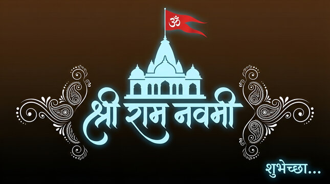 Shree Ram Navami Marathi, Hindi Calligraphy written text means Shree Ram Navami, Lord Rama with Temple