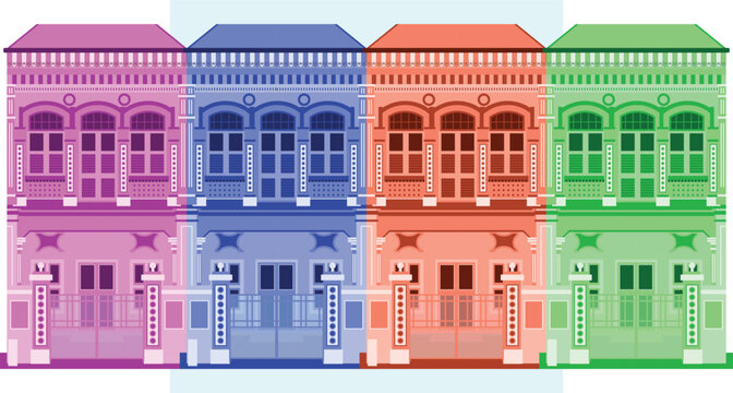 A vibrant flat vector illustration of a row of traditional Peranakan shophouses in a variety of colorful pastel tones, featuring intricate heritage architectural details and colonial style.