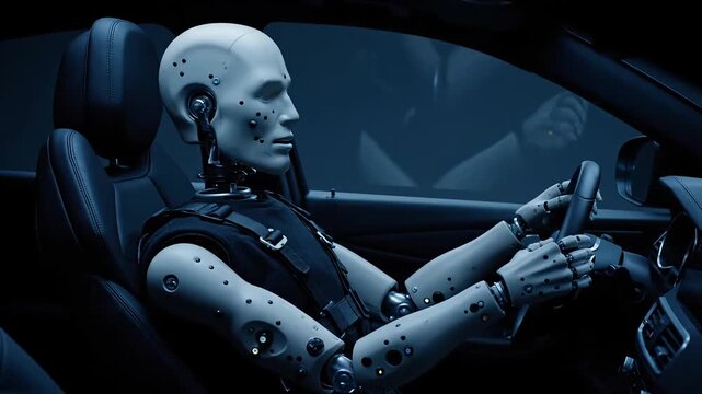 Automated crash test dummy robot operates a modern vehicle from the driver's seat.