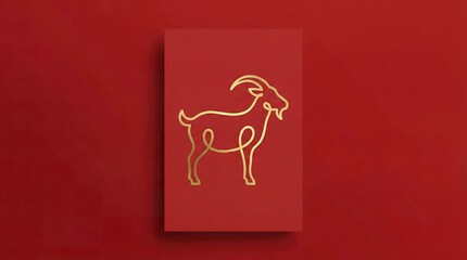 Fototapeta premium Minimal Goat formed by elegant continuous gold line, soft 3D foil sheen, matte red background, high-end clean poster design 