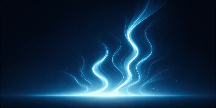 A digital art illustration features a fractal pattern of glowing blue fire flames and plasma waves against a black space backdrop, creating a motion energy texture for a wallpaper design