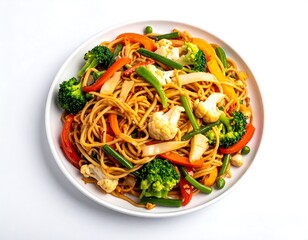 Plate of vegetarian noodles with colorful vegetables, isolated on a white backdrop
