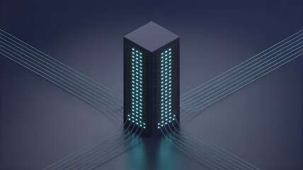 3D Icon Dark Server Rack with Glowing Cyan Lights