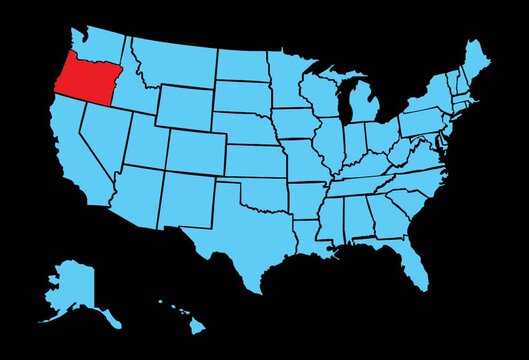 Animated map of the United States highlighting western Oregon in red.