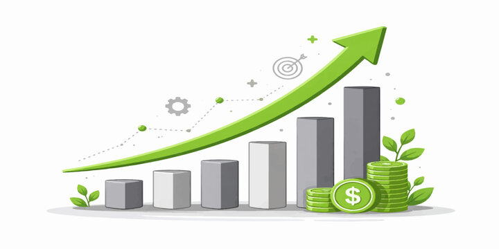 A 3d green business growth arrow climbs a financial bar graph chart to illustrate market success, profit, and upward investment progress in this professional data graphic