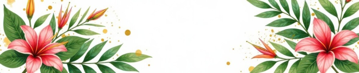 Obraz premium Golden splattered tropical wedding bouquet Gold & green foliage in watercolor style , watercolor, elegant