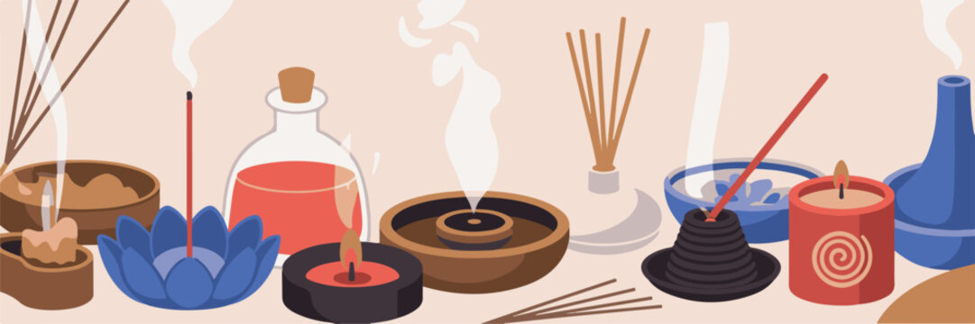 Aromatherapy and incense sticks with diffusers and candles creating relaxing atmosphere
