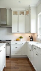 Sleek white shaker cabinets, brushed nickel pulls, farmhouse, d?cor