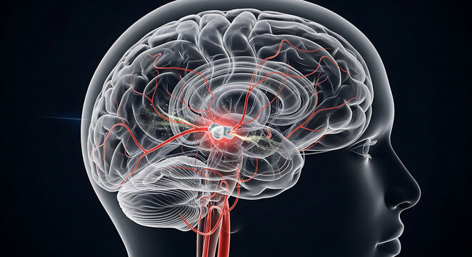 Medical Illustration of Transient Ischemic Attack with Human Brain Cerebrovascular Arterial Blockage and Interrupted Blood Flow Conceptual Neurology Anatomy
