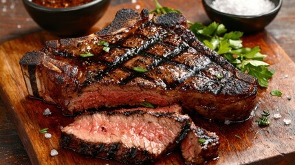 A thick, juicy grilled steak rests on a wooden board, surrounded by fresh herbs and two small bowls of sauces. This tempting dish is perfect for an evening meal.