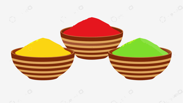 Three colorful bowls filled with different vibrant powders.