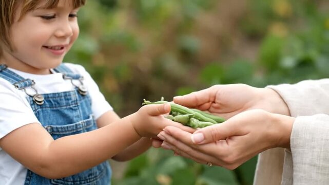 Cute Little Boy in Denim Overalls Handing Freshly Harvested Green Beans to His Mother in a Sustainable Organic Garden