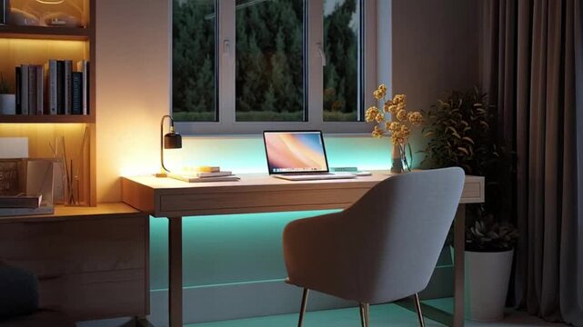 Inviting Modern Home Office with Vibrant LED Lighting Illuminating a Wooden Desk, Laptop, and Ergonomic Chair, Creating a Cozy and Productive Workspace