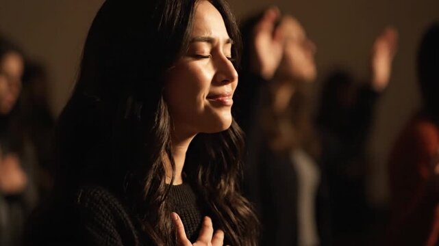 Young Woman Praying with Deep Emotion and Devotion During a Spiritual Worship Service with Her Hand on Her Heart