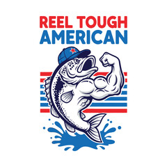 Fototapeta premium A muscular cartoon fish wearing a baseball cap flexes its arm tshirt design