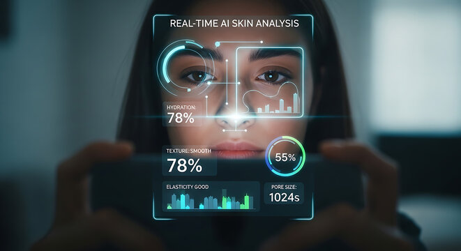 Close-up portrait of youthful individual capturing selfie while futuristic glowing digital AI skin analysis interface scans face displaying health metrics and biometric data diagnostic overlays.