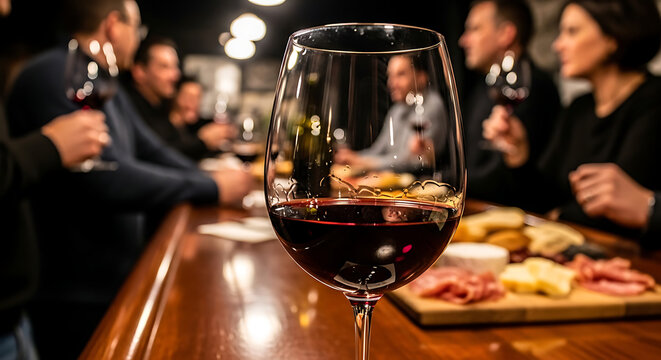 Elegant close-up of a crystal glass filled with red wine sitting on a rustic wooden bar counter, featuring a blurred background with social people and a savory charcuterie appetizer board.